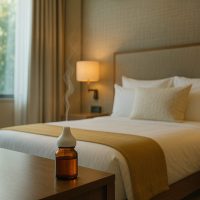 غرفة فندقية تُستخدم فيها الزيوت العطرية الطبيعية لتعزيز الراحة النفسية