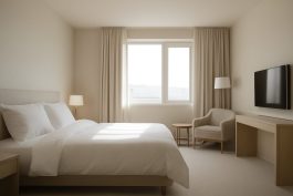 غرفة فندقية ذات تصميم بسيط بإضاءة طبيعية وهدوء كامل