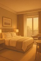 غرفة فندقية مصممة بإضاءة دافئة وألوان طبيعية لخلق توازن نفسي