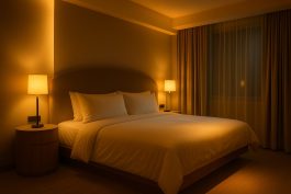 غرفة نوم فندقية ذكية بإضاءة دافئة تتحول تدريجيًا وفق دورة النوم الطبيعية