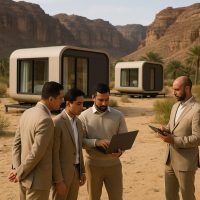  فريق ضيافة يشرف على تشغيل وحدات فندقية ذكية قابلة للنقل في موقع طبيعي