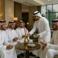 مجموعة نزلاء يشاركون في طقس قهوة جماعي داخل ردهة فندق سعودي معاصر