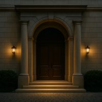 مدخل فندق فخم خالٍ من اللافتات، يرمز إلى فلسفة الندرة والغموض