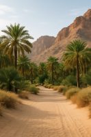 مسار رملي في واحة سعودية تحيط به الجبال وأشجار النخيل، يرمز للسكينة التامة