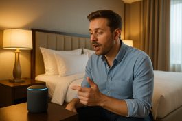 مساعد فندقي ذكي يتفاعل بالصوت مع النزيل داخل غرفة فاخرة