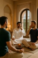 معالج يوجا سعودي يوجّه جلسة تنفس وتأمل داخل منتجع عافية سعودي فاخر