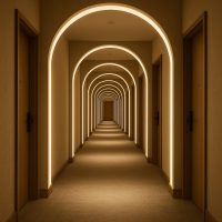 ممر فندقي بأقواس مضيئة تخلق شعورًا بالانفتاح والأمان النفسي