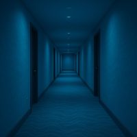 ممر فندقي مضاء بلون أزرق خافت يحاكي أجواء البحر في منتجع فاخر