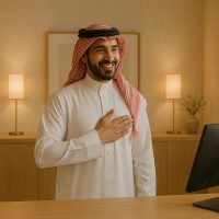 موظف استقبال سعودي يرحّب بالنزلاء بابتسامة وإيماءة احترام