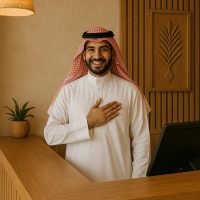 موظف استقبال سعودي يقدّم التحية للنزلاء بابتسامة ترحيب أصيلة