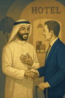 موظف سعودي يساعد نزيلًا بابتسامة صادقة في موقفٍ إنساني داخل الردهة