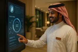 موظف ضيافة سعودي يستخدم شاشة تفاعلية تعرض بيانات مزاج النزيل لتخصيص الخدمة
