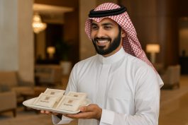 موظف ضيافة سعودي يوزع مناديل عطرية تحمل توقيع الفندق عند استقبال الضيوف