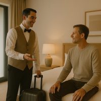 موظف فندقي يرحّب بالضيوف بابتسامة صادقة ولغة جسد هادئة تزرع الثقة