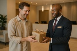 موظف فندق يقدم هدية رمزية لنزيل احتفاءً بذكرى لم يتوقع تذكّرها