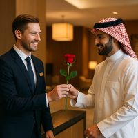 موظف فندق يقدم وردة لنزيل تعبيرًا عن الترحيب الإنساني