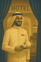 موظف فندقي سعودي يؤدي خدمة الضيافة بابتسامة مدروسة وانضباط مسرحي