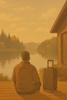 نزيل يتأمل أمام بحيرة هادئة داخل منتجع صامت في شمال أوروبا