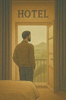  نزيل يتأمل أمام نافذة مفتوحة تطل على مناظر طبيعية في فندق علاجي حديث