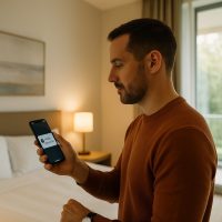 نزيل يتلقى إشعارًا على هاتفه لتقييم تجربته قبل المغادرة مباشرة