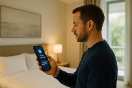 نزيل يستخدم تطبيق الفندق الذكي للتواصل مع المساعد الافتراضي في أي وقت