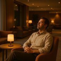 نزيل يسترخي في بهو مضاء بإضاءة دافئة وموسيقى هادئة تعزز الهدوء الداخلي
