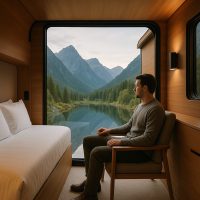 نزيل يستمتع بإطلالة جبلية من داخل غرفة فندقية متنقلة ذات تصميم عصري