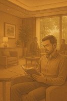  نزيل يقرأ بهدوء في بهو فندق بتصميم طبيعي وألوان دافئة