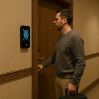 نزيل يقف أمام باب غرفته يفتحها عبر التعرف الذكي على ملامحه