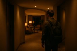 نزيل يكتشف ردهة مضاءة بإضاءة خافتة في فندق هادئ بعيد عن الأعين