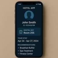 واجهة تطبيق فندقي تعرض بيانات النزيل الرقمية وتوصيات مخصصة له