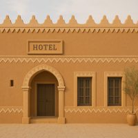 واجهة فندقية مستوحاة من الطراز النجدي التقليدي بألوان ترابية دافئة