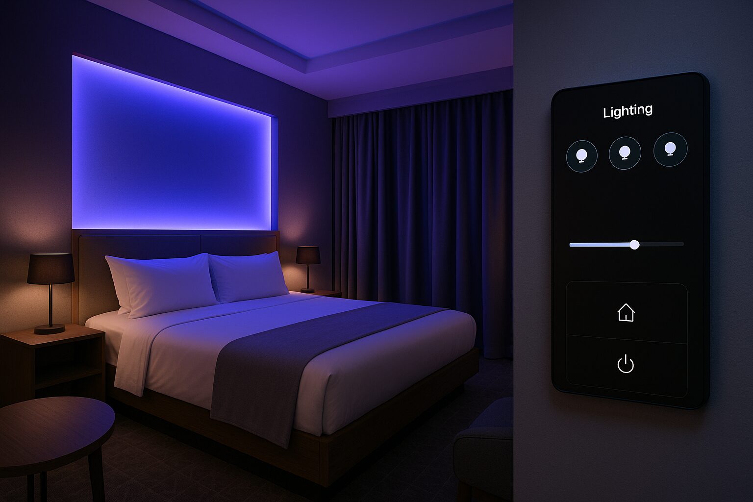 غرفة فندقية ذكية تُظهر الإضاءة المتغيرة والتحكم الرقمي
