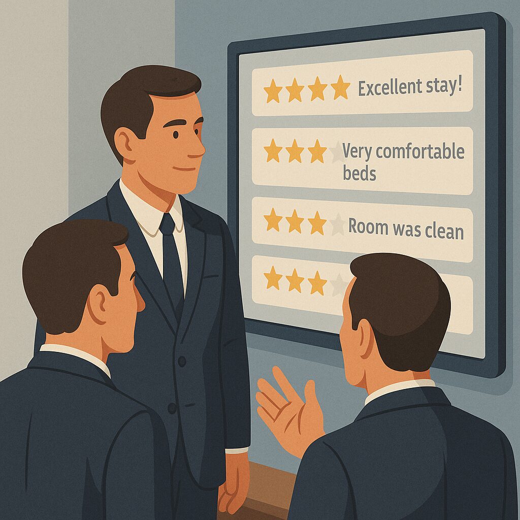 فريق إدارة الفندق أثناء متابعة تقييمات النزلاء عبر لوحة رقمية