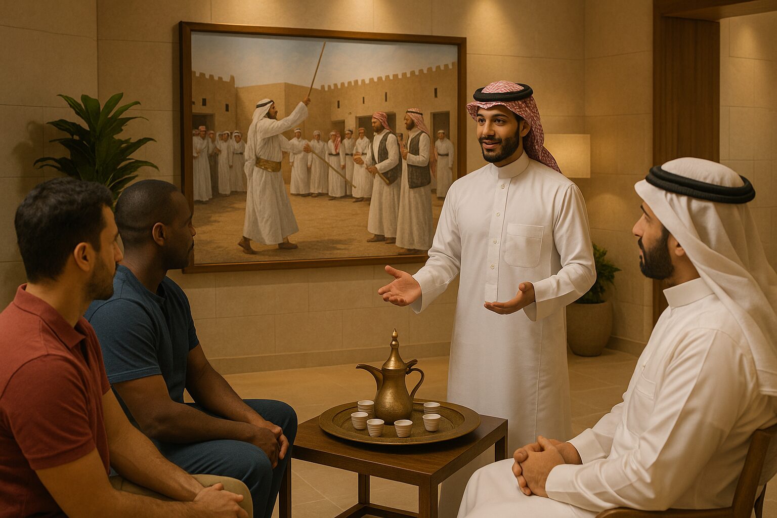 مجموعة نزلاء يشاركون في تجربة ثقافية داخل فندق سعودي معاصر ضمن فعالية تفاعلية