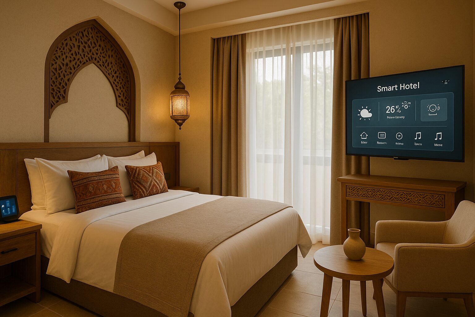 مشهد داخلي لغرفة فندقية تجمع بين الطابع المحلي والتقنيات الذكية في تصميم حديث