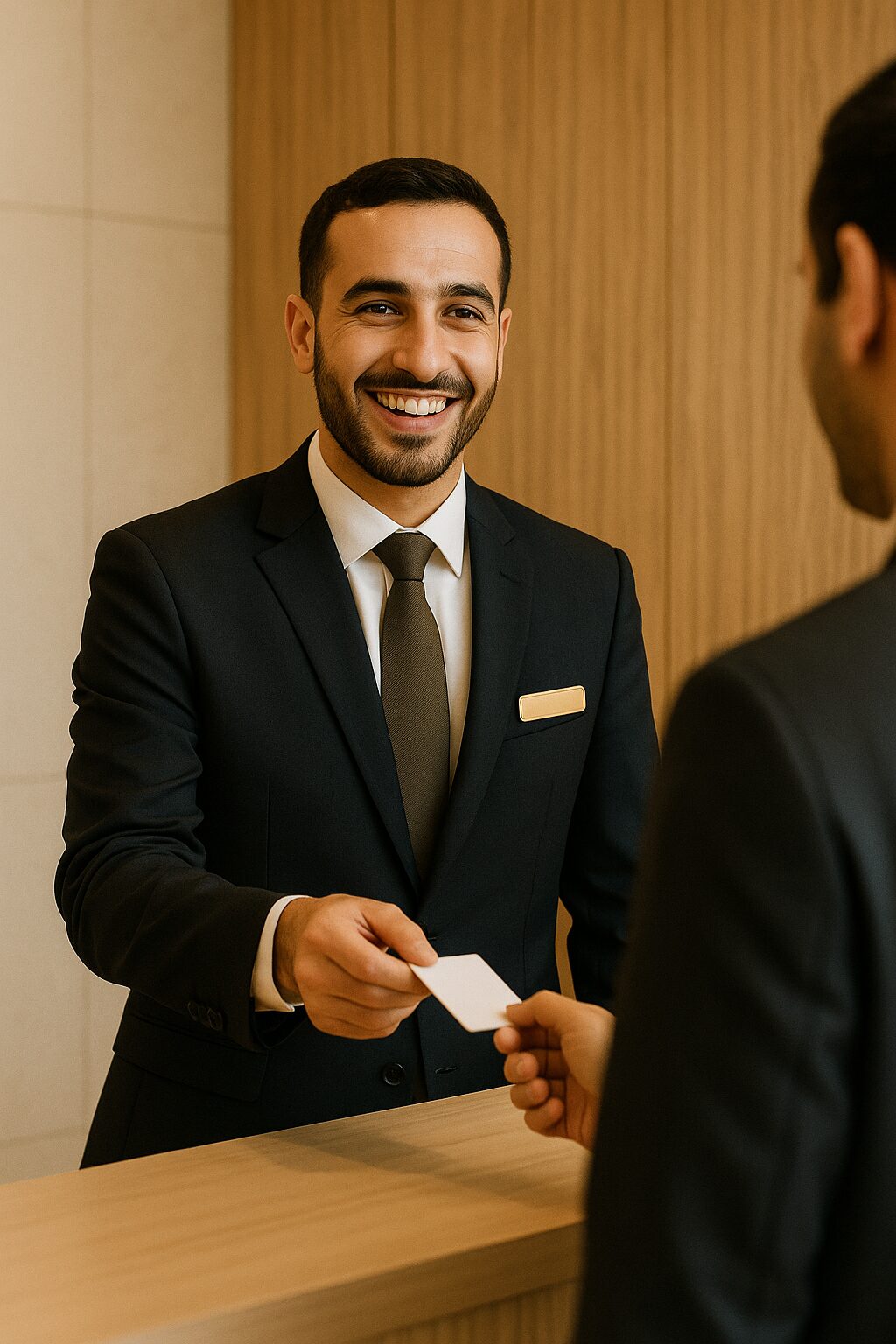 موظف استقبال يقدم خدمة شخصية وبابتسامة ترحيبية واضحة