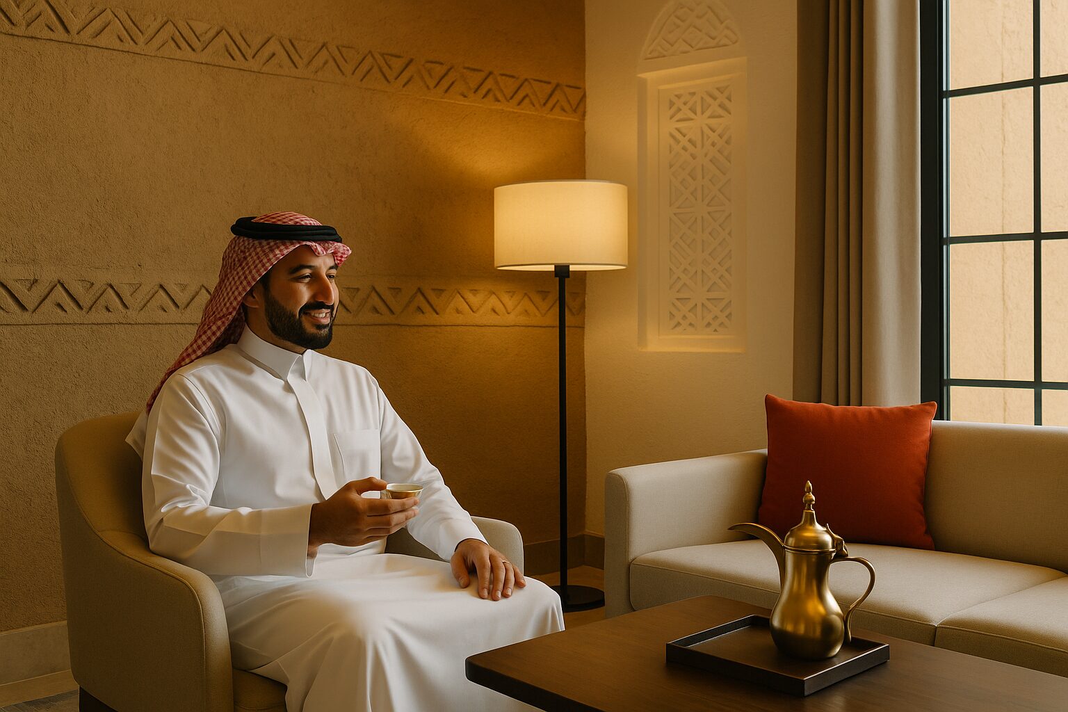 نزيل سعودي يستمتع بتجربة ضيافة تجمع بين التراث والحداثة في أحد فنادق الدرعية