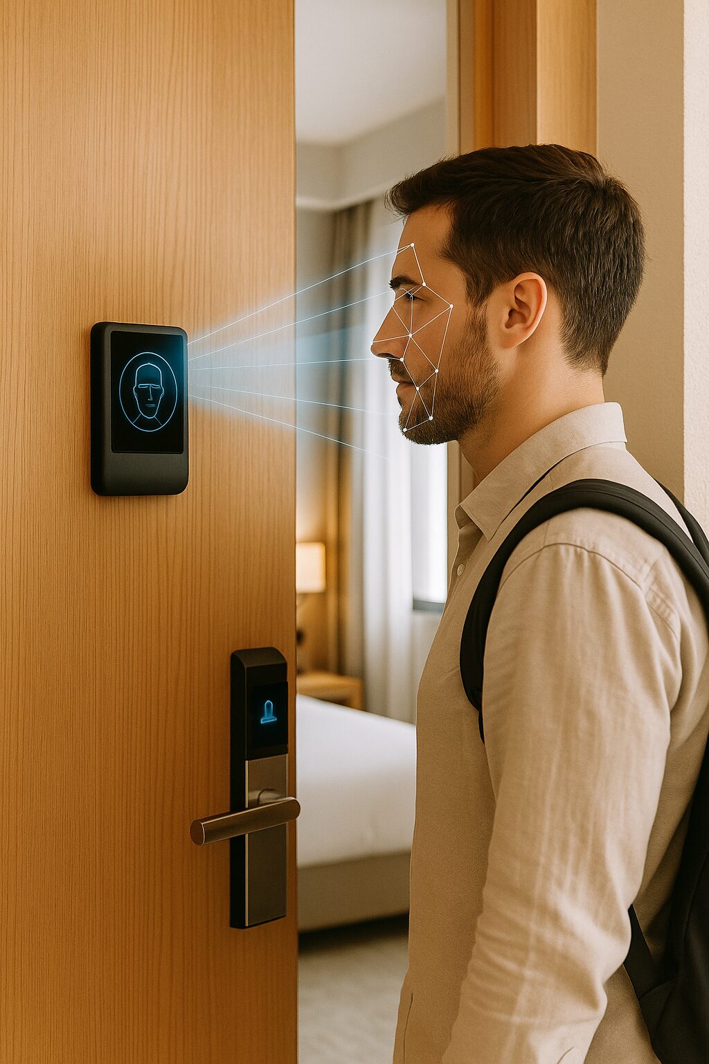 نزيل يستخدم بصمة الوجه لفتح باب الغرفة