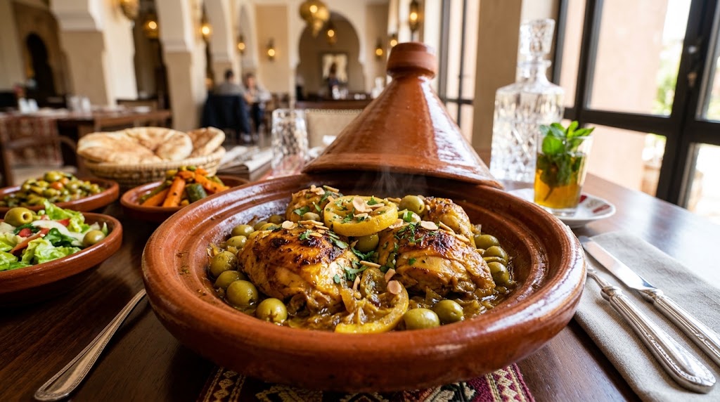 الطاجين المغربي بالدجاج والزيتون والليمون المصير