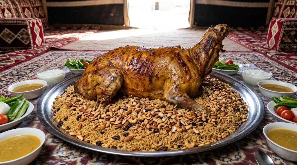 المفطح السعودي بلحم الضأن المشوي والأرز والمكسرات