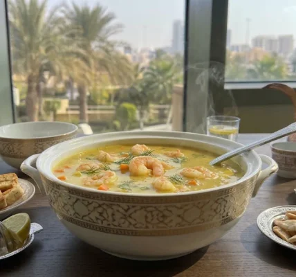 شوربة الجمبري بالزعفران بتقديم فندقي