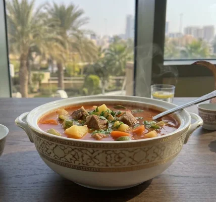 شوربة اللحم بالخضروات الشرقية بتقديم فندقي